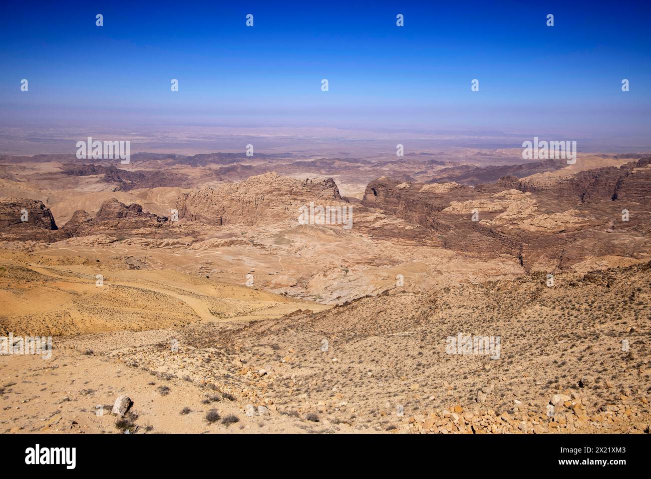 Vista sulle spettacolari formazioni rocciose dell'antica città di petra in Giordania Foto Stock