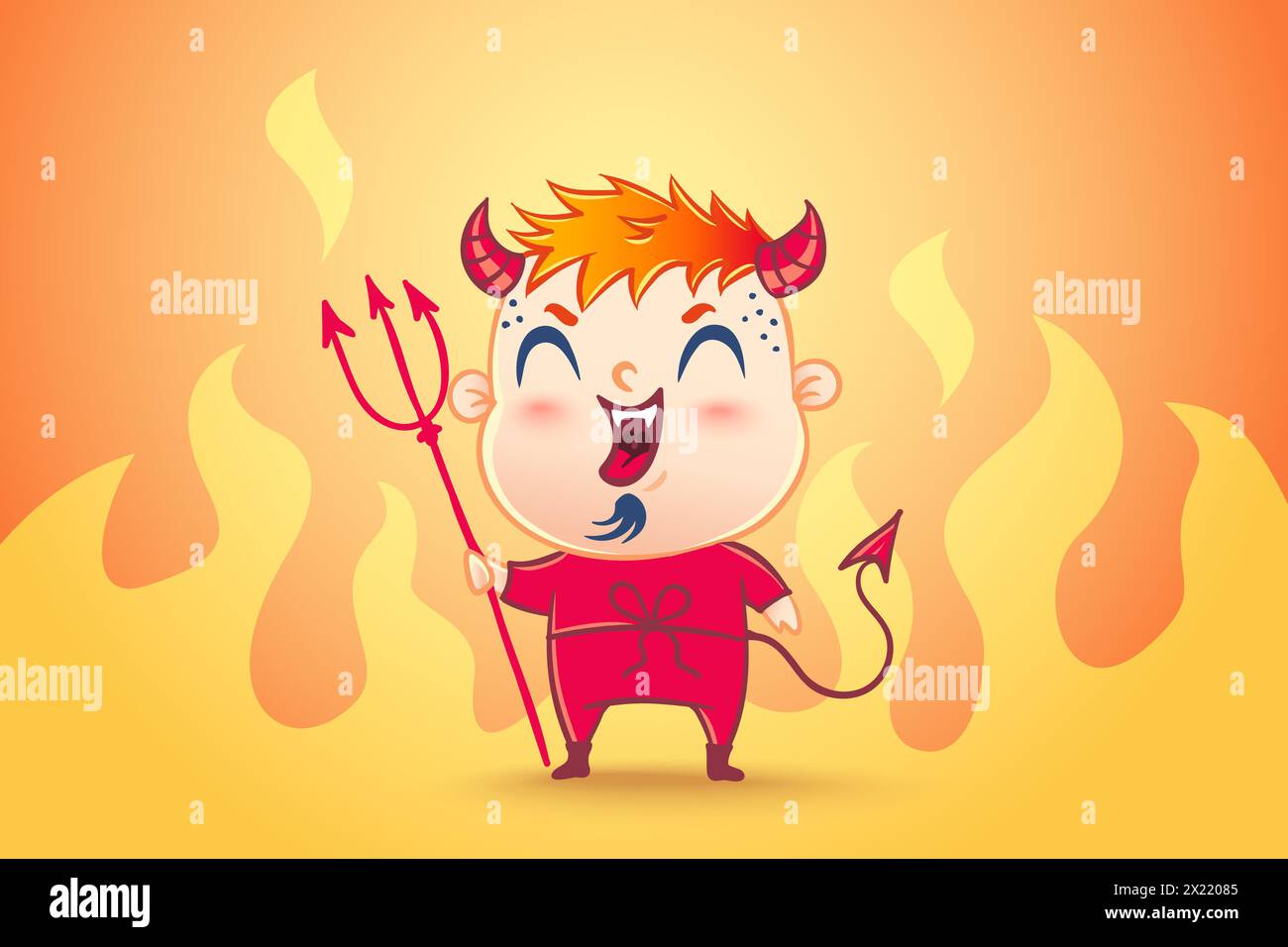 Illustrazione vettoriale di un diavolo carino in stile kawaii. Bene e male. I bambini sono in costume da diavolo Illustrazione Vettoriale