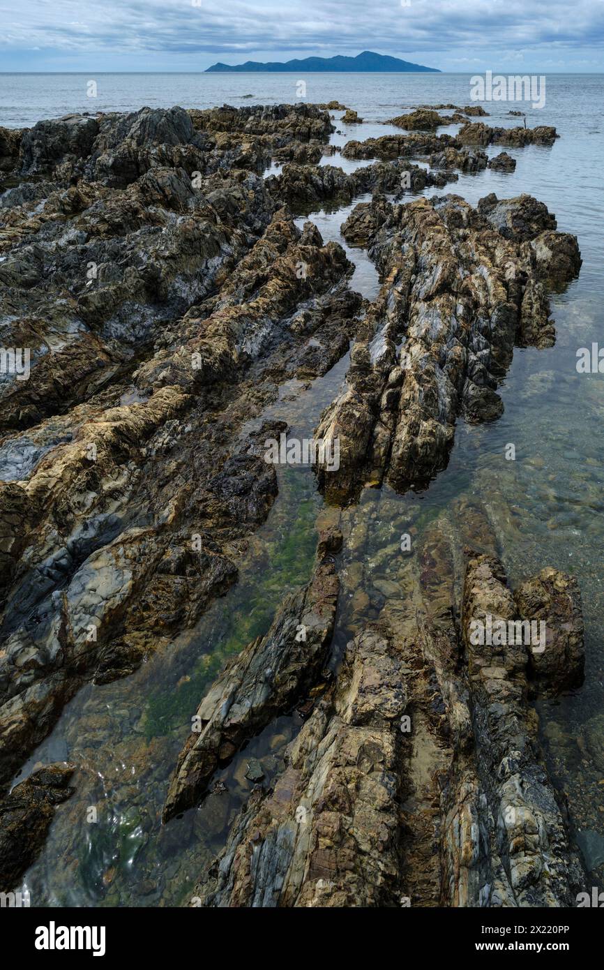 Pukerua Bay e Kapiti Island, Porirua, Wellington Region, Kapiti Coast, NorthIsland, Nuova Zelanda Foto Stock