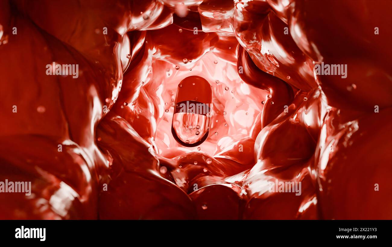 Probiotici nel tratto intestinale. endoscopia attraverso l'intestino. Microbiota, Capsula per pillole con vitamine per l'apparato digerente, trattamento del dolore allo stomaco, Rosso Foto Stock