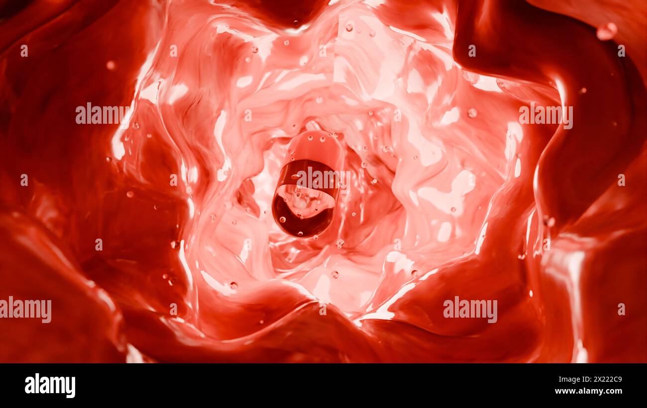 Probiotici nel tratto intestinale. endoscopia attraverso l'intestino. Microbiota, Capsula per pillole con vitamine per l'apparato digerente, trattamento del dolore allo stomaco, Rosso Foto Stock