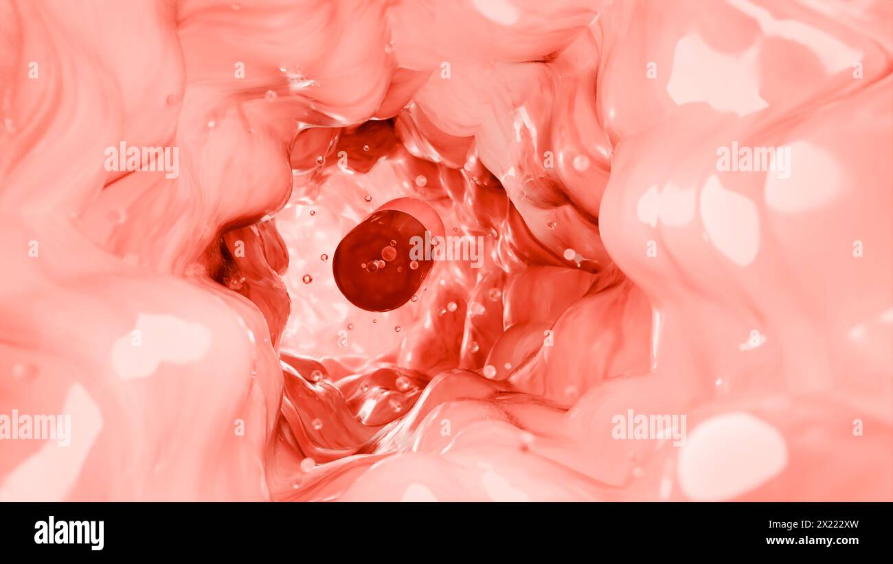 Probiotici nel tratto intestinale. endoscopia attraverso l'intestino. Microbiota, Capsula per pillole con vitamine per l'apparato digerente, trattamento del dolore allo stomaco, Rosso Foto Stock