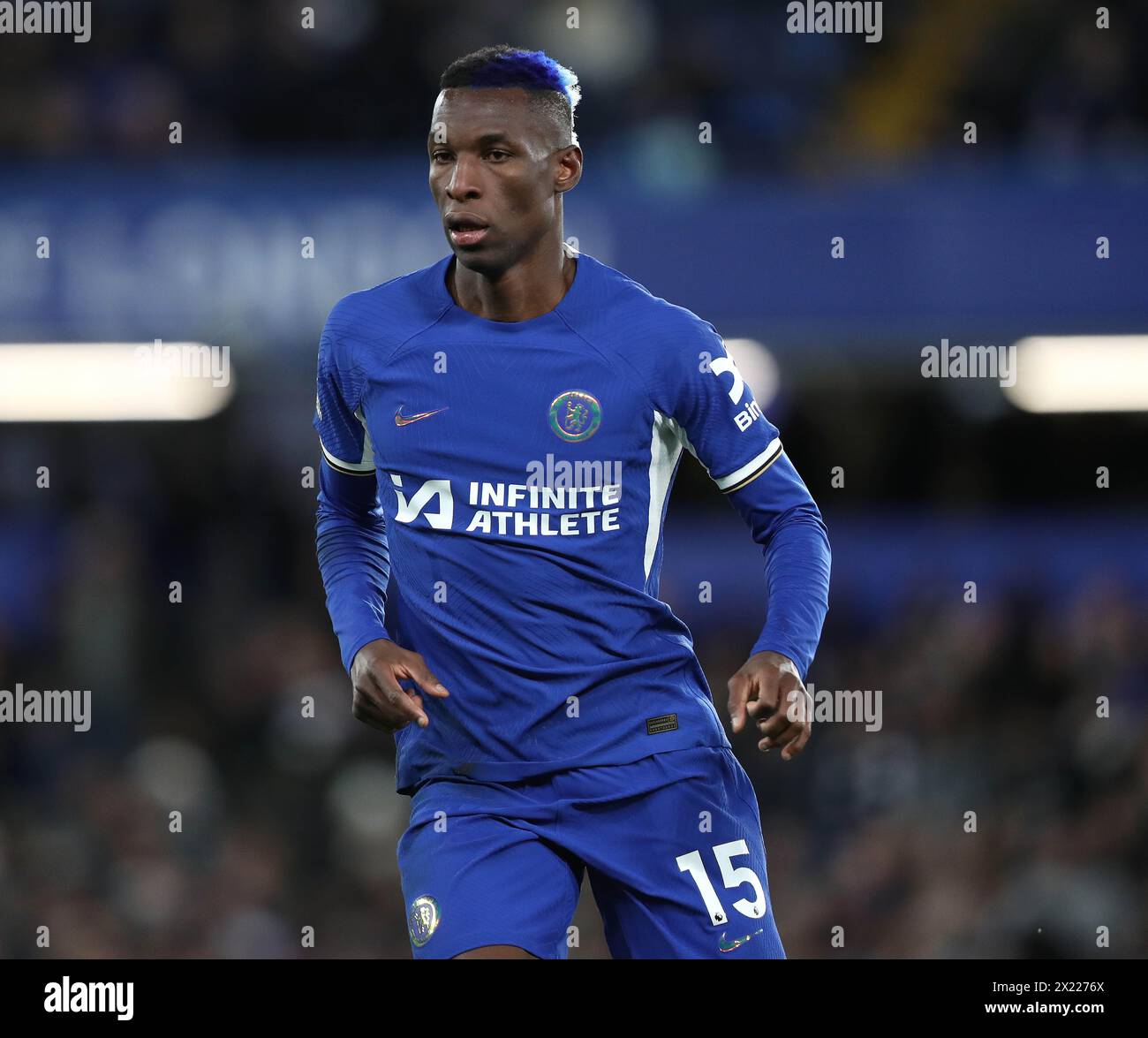 Nicolas Jackson di Chelsea. - Chelsea contro Everton, Premier League, Stamford Bridge Stadium, Londra, Regno Unito - 15 aprile 2024. Solo per uso editoriale - si applicano restrizioni DataCo. Foto Stock