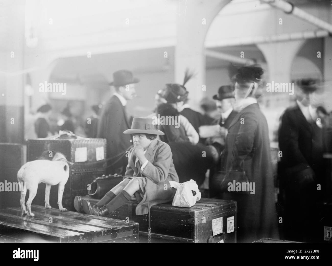 Henry Cleews (cioè Clews) III, 1911. Mostra Henry "Bamboo" Clews III seduto in cima a un tronco di vapore con il suo cane e pappagallo in una piccola gabbia al suo ritorno dalla Francia. Clews era figlio dell'artista Henry Clews Jr. E nipote dell'uomo d'affari Henry Clews, Sr. Foto Stock