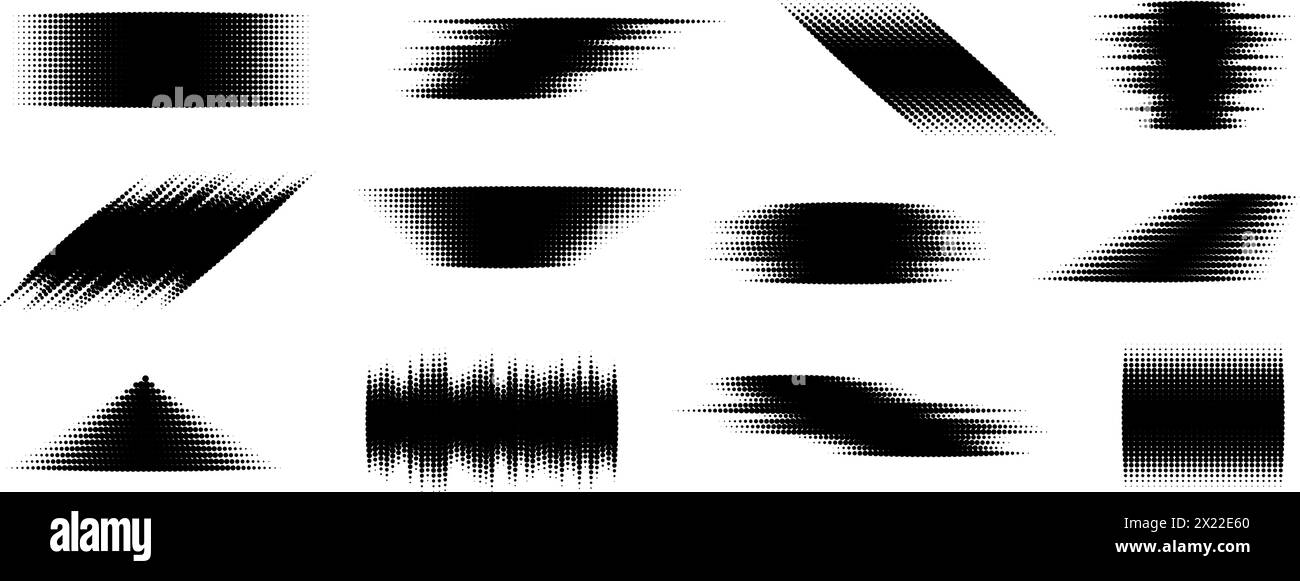 Set di elementi glitch mezzitoni. Collezione di forme geometriche tratteggiate. Grunge le forme astratte dei mezzitoni per sfondo, banner, poster, collage, sovrapposizione, etichetta, etichetta. Pacchetto vettoriale distorto in distress Illustrazione Vettoriale