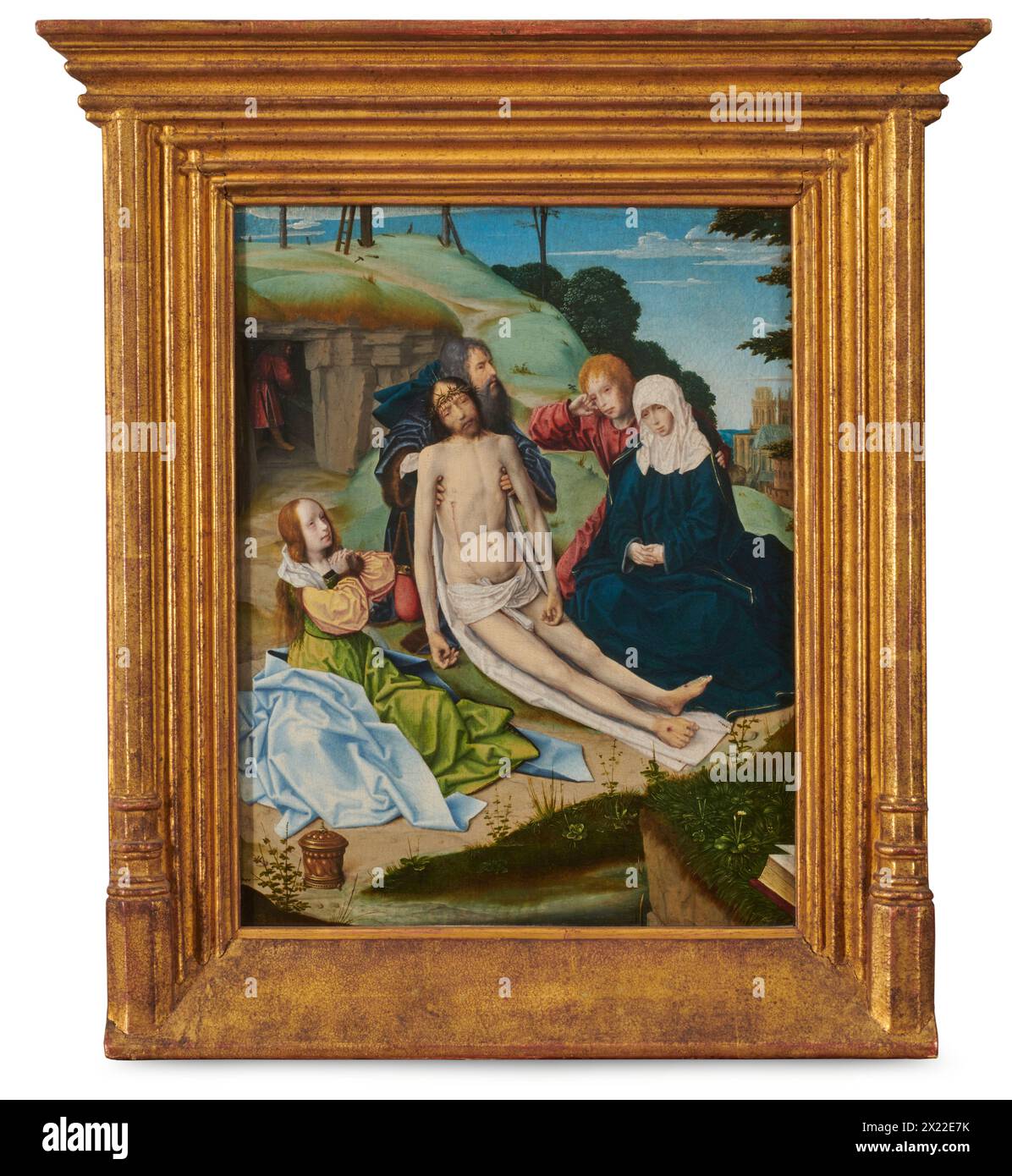 La Lamentazione, c1490. Giuseppe di Arimatea sostiene il corpo di Cristo, mentre Giovanni Evangelista cancella una lacrima e mette una mano consolante sulla spalla della Vergine. Maria Maddalena stringe le mani in preghiera. Sullo sfondo, tre croci si riferiscono alla recente Crocifissione di Cristo, e un uomo che prepara una tomba allude al suo futuro coinvolgimento. Il dipinto potrebbe essere stato originariamente parte di un polittico, una disposizione di quattro o più pannelli, che raccontano la storia della vita di Cristo. Foto Stock La Lamentazione, c1490. Giuseppe di Arimatea sostiene il corpo di Cristo, mentre Giovanni Evangelista cancella una lacrima e mette una mano consolante sulla spalla della Vergine. Maria Maddalena stringe le mani in preghiera. Sullo sfondo, tre croci si riferiscono alla recente Crocifissione di Cristo, e un uomo che prepara una tomba allude al suo futuro coinvolgimento. Il dipinto potrebbe essere stato originariamente parte di un polittico, una disposizione di quattro o più pannelli, che raccontano la storia della vita di Cristo. Foto Stock