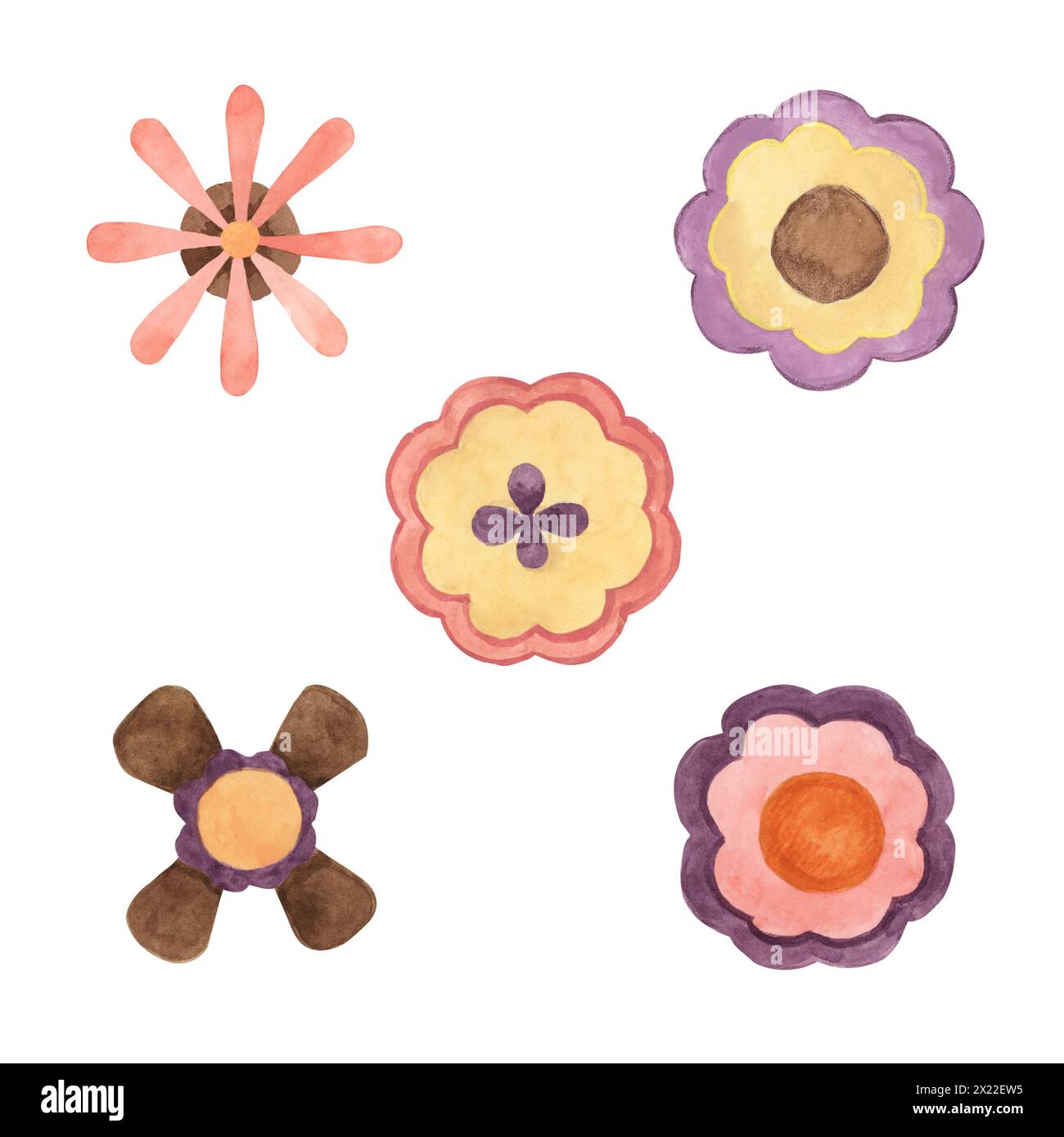 Fiori retrò in stile astratto minimalista anni '70. Hippie boho indie clipart. Illustrazione a margherita con scanalature ad acquerello per adesivi floreali, disegni nostalgici, volantini, stampa, preventivi, stile cartoni animati Foto Stock