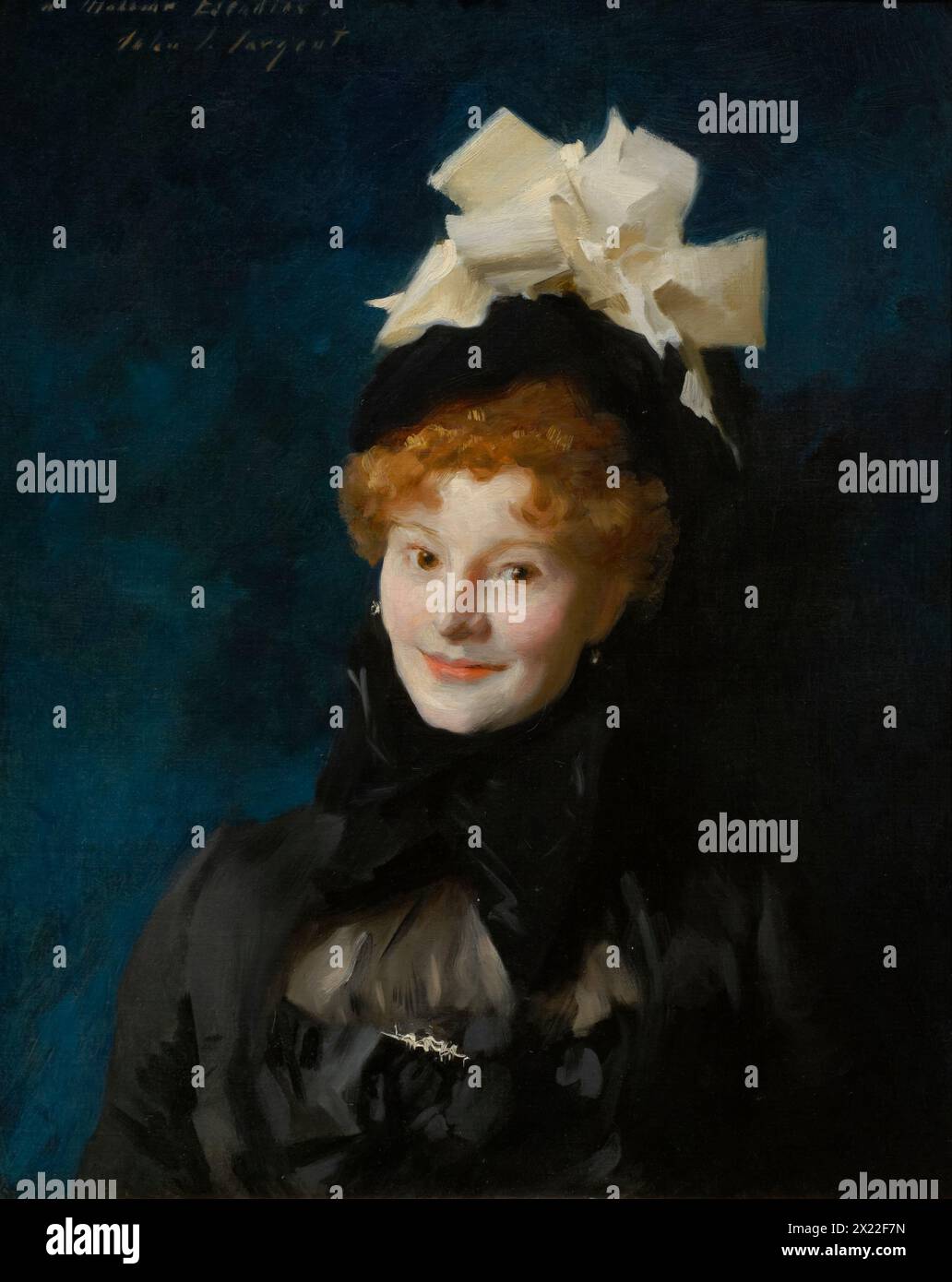 Madame Escudier, c1883. Sargent dipinse molti membri dell'alta società parigina, tra cui Louise LEFèvre Escudier. In questo ritratto informale, viene mostrata da vicino, il suo sguardo diretto, la testa inclinata e un leggero sorriso che suggeriscono una personalità vivace. I suoi capelli color rame sono accentuati dallo sfondo blu intenso. La scintillante spilla, solo un pizzico di vernice bianca sul suo elegante abito nero, rivela il movimento sicuro del pennello Sargent’s. Foto Stock