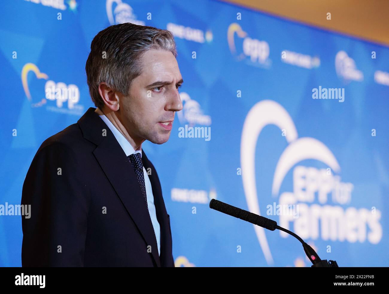 Il Taoiseach Simon Harris ha parlato alla conferenza del Partito Popolare europeo sul futuro dell'agricoltura europea al Woodford Dolmen Hotel, Co. Carlow. Il Taoiseach ha detto di essere "desideroso di essere in grado di scusarsi" con le famiglie di coloro che sono stati uccisi nella tragedia dell'incendio di Stardust. Le famiglie dei 48 giovani che sono morti nel fuoco che ha strappato il nightclub a nord di Dublino nel 1981 hanno chiesto scuse ufficiali di stato. Data foto: Venerdì 19 aprile 2024. Foto Stock