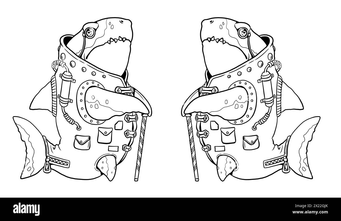Disegno di un cartone animato di uno squalo in abiti punk a vapore. Pesce divertente da colorare. Foto Stock