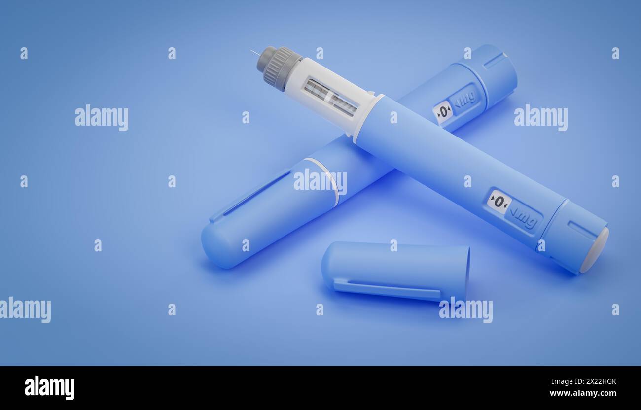 Due penne dosatrici di un fittizio farmaco Semaglutide utilizzato per la perdita di peso (farmaco antidiabetico o anti-obesità) su sfondo blu. Foto Stock