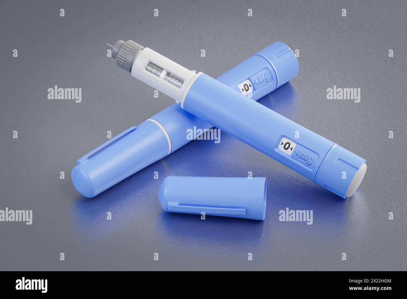Due penne dosatrici di un fittizio farmaco Semaglutide utilizzato per la perdita di peso (farmaco antidiabetico o anti-obesità) su uno sfondo metallico graffiato. Foto Stock