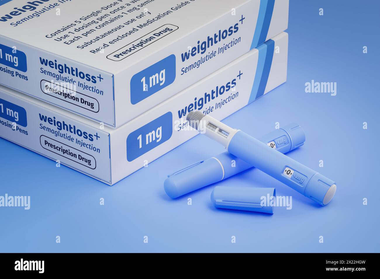 Due pacchetti di un fittizio farmaco Semaglutide utilizzato per la perdita di peso (farmaci antidiabetici o anti-obesità) su sfondo blu trasparente. Fictiti Foto Stock