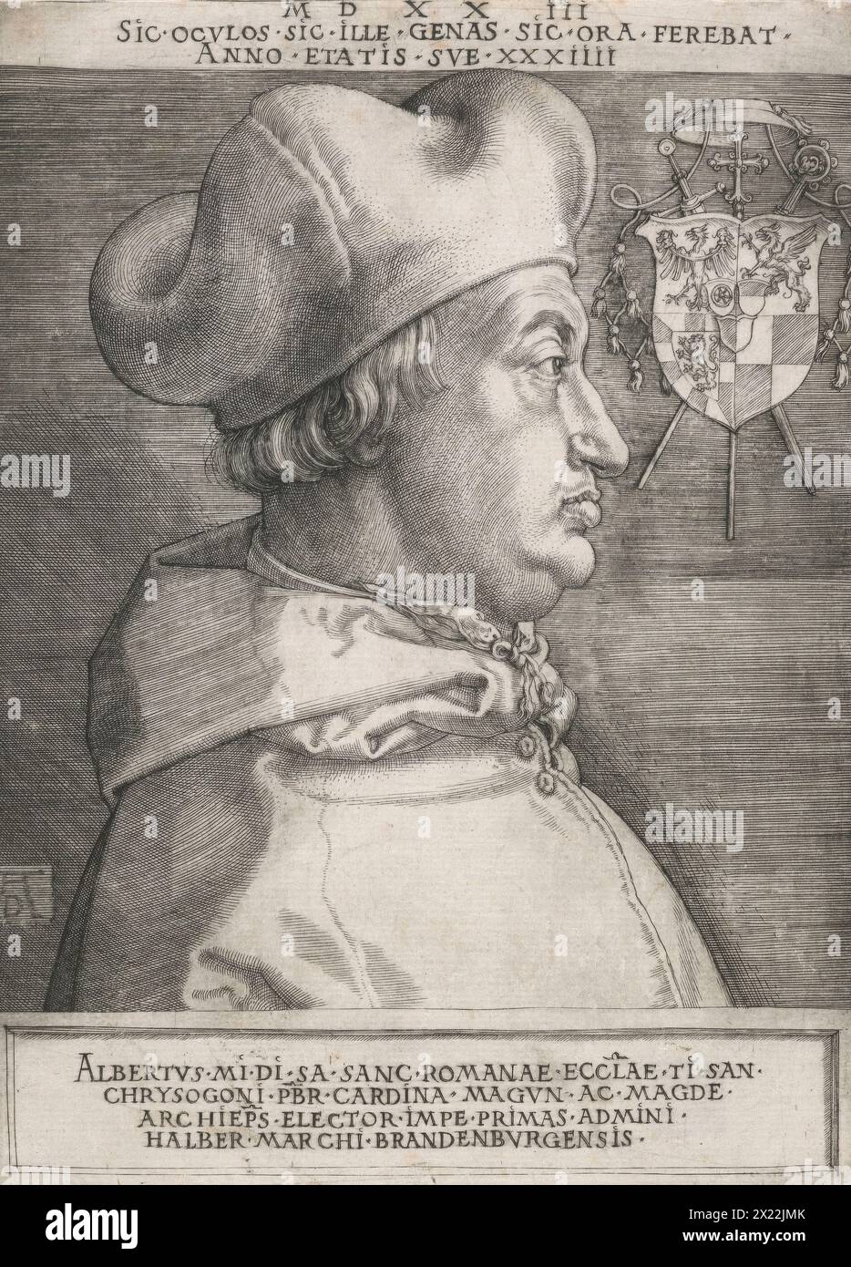 Cardinale Alberto di Brandeburgo (il grande cardinale), 1523. Il cardinale Alberto di Brandeburgo (1490-1545) fu elettore e arcivescovo di Magonza dal 1514 al 1545 e Archivio di Magdeburgo dal 1513 al 1545. La sua vendita di indulgenze (la Chiesa perdona per i peccati) per rimborsare i prestiti alla famiglia bancaria Fugger, e per sostenere il suo stile di vita sontuoso, infuriò Martin Lutero e lo provocò a scrivere le sue 95 tesi che portarono alla riforma. Foto Stock