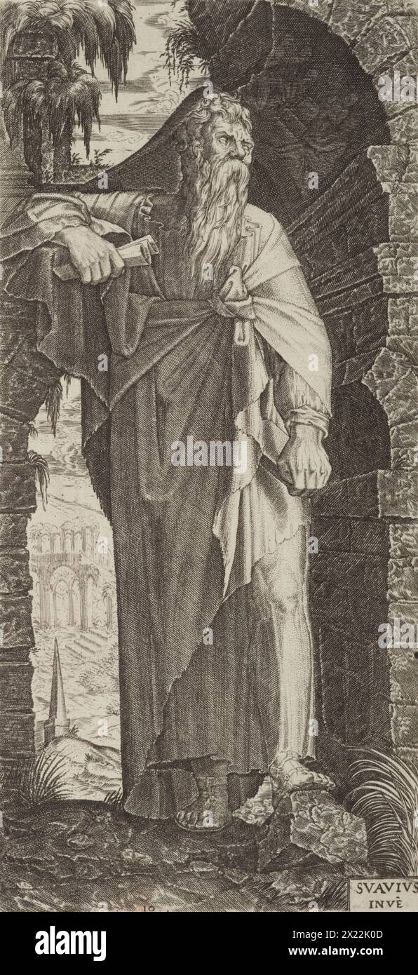 St. Paul. Piastra 10. Da: Cristo e gli Apostoli, 1545. San Paolo guarda alla sua sinistra e tiene una tavoletta nella mano sinistra e un rotolo nella sua destra - probabilmente un riferimento alla sua paternità delle lettere bibliche di San Paolo. Il suo piede sinistro poggia su una roccia. I suoi indumenti sono in qualche modo annodati, e la sua barba è lunga e ruvida. In basso a destra (accanto alla gamba sinistra) c'è uno scudo che porta l'immagine di una parola, un'allusione al martirio di San Paolo. Foto Stock