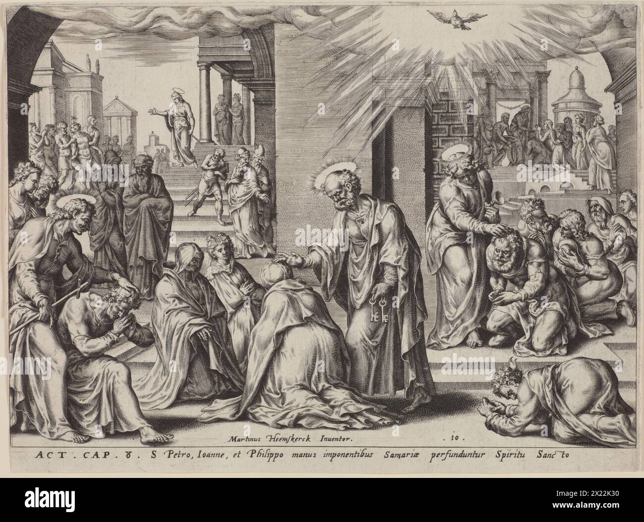 San Pietro, San Giovanni e San Filippo posero le mani sul battezzato a Samaria. Da: Atti degli Apostoli, tavola 10, 1575. Una serie di 34 tavole raffiguranti il libro degli atti del nuovo Testamento. L'episodio raffigurato risale alle 8:12-18, quando il popolo della Samaria credette all'apostolo Filippo e "mentre predicava il Vangelo del regno di Dio e il nome di Gesù Cristo, furono battezzati, uomini e donne". I convertiti includevano il famoso Simone lo Stregone. Questa incisione raffigura questo momento finale in primo piano; nel dispositivo narrativo continuo impiegato dall'artista, atti di conversio Foto Stock