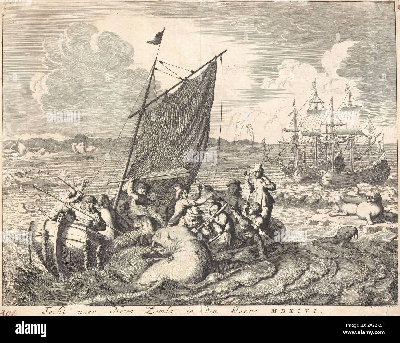 Spedizione a Novaya Zemlya; caccia al tricheco a Magdalenefjorden (Norvegia), 1680. Raffigurante un momento saliente della terza spedizione artica di Willem Barentsz (1596). L'iscrizione si traduce come "il viaggio a Novaya Zemlya", e la scena qui raffigura una caccia al tricheco a Magdalenefjorden (l'attuale Norvegia). Mostra un piccolo equipaggio di olandesi nella loro barca a vela che attacca un enorme tricheco, ovviamente condannato. Ci sono altri trichechi sulla destra, e due grandi navi a vela sullo sfondo destro, mentre le balene sgorgano in lontananza. Foto Stock