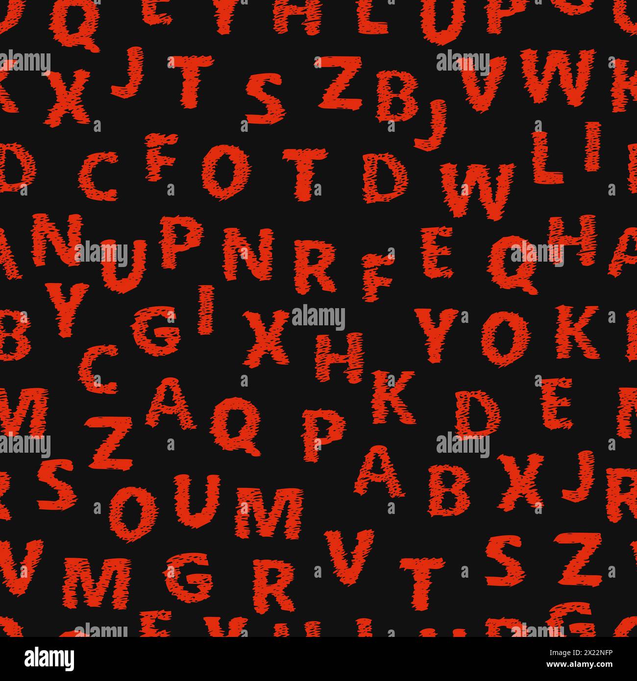 Alfabeto Doodle sfondo senza cuciture. Modello vettoriale infinito con lettere rosse su sfondo nero. Illustrazione Vettoriale