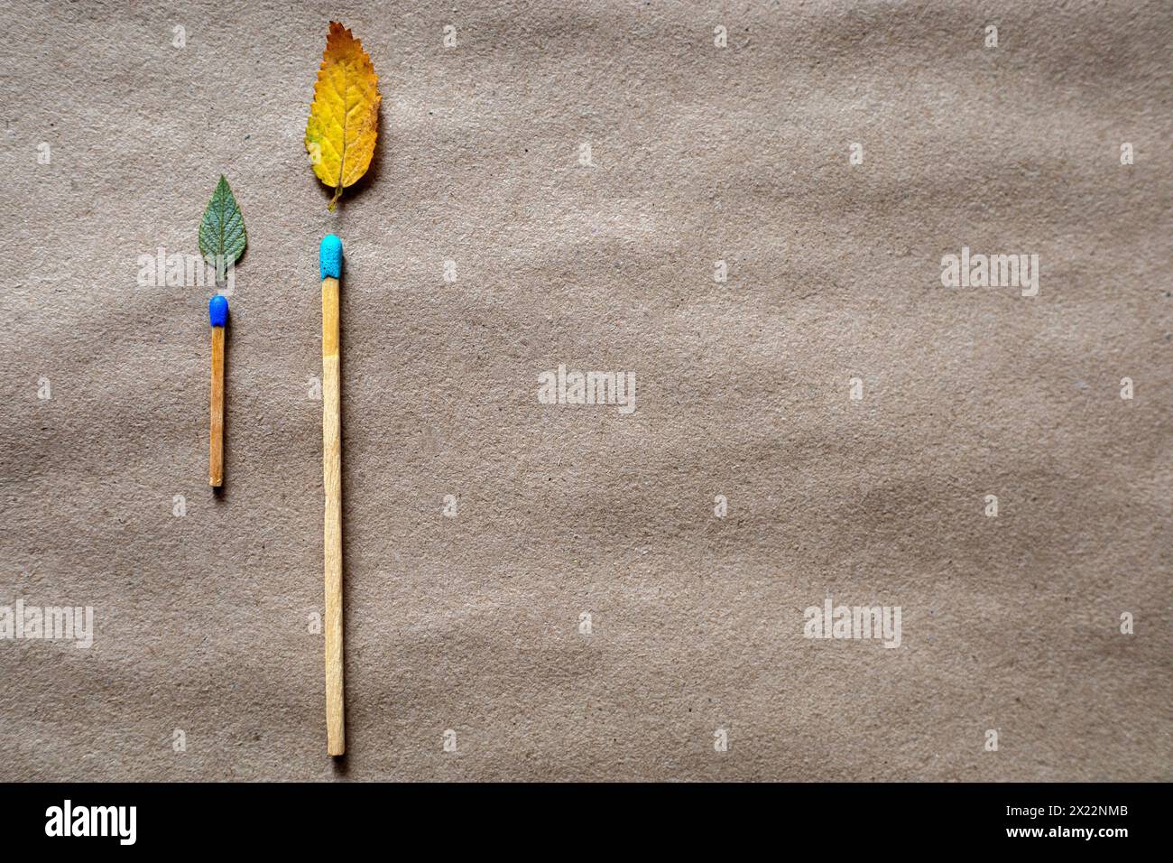 Fiammiferi e foglie verdi sotto forma di fiamma. concetto di conservazione ambientale Foto Stock