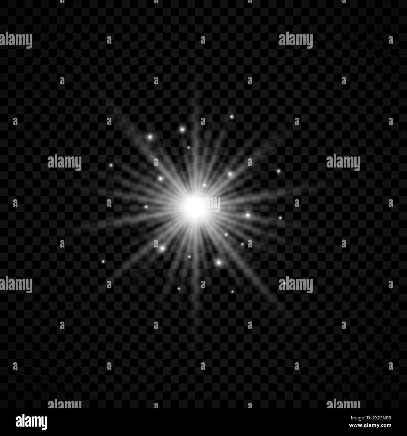 Effetto luminoso dei brillamenti dell'obiettivo. Le luci bianche brillano con effetti esplosivi su uno sfondo trasparente. Illustrazione vettoriale Illustrazione Vettoriale