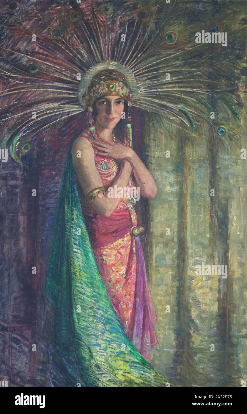 Saba, c.1929. Questo è un ritratto di Allison Kirkcaldie, che faceva parte della famiglia proprietaria di Wellington&#x2019;s Kirkcaldie and Saints Department store. È dipinta in abiti eleganti, come la regina di Saba. Nel 1928, Allison Kirkcaldie è stata una delle sei giovani donne di Wellington scelte per partecipare al Dream of Fair Women Pageant. Il concorso si tenne nel municipio, con ogni partecipante vestito da regina diversa. Faceva parte di un carnevale di raccolta fondi per raccogliere fondi per la creazione di una National Art Gallery. Foto Stock