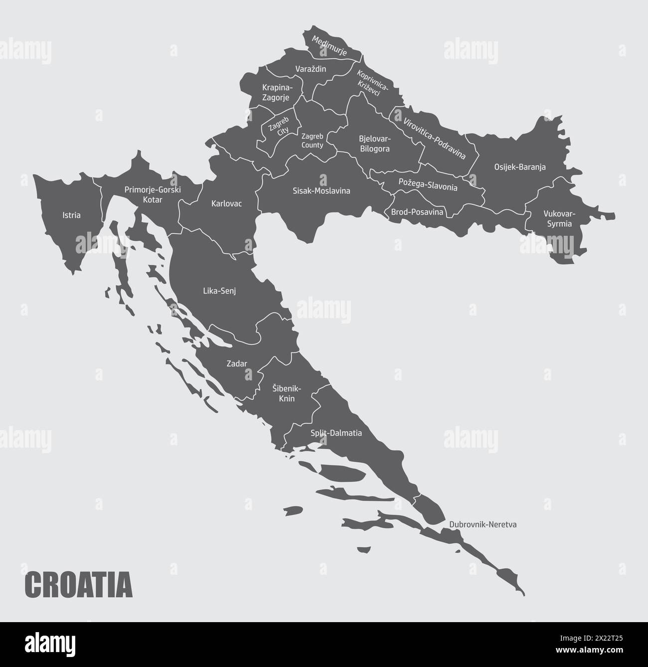 La mappa amministrativa della Croazia con le etichette Illustrazione Vettoriale