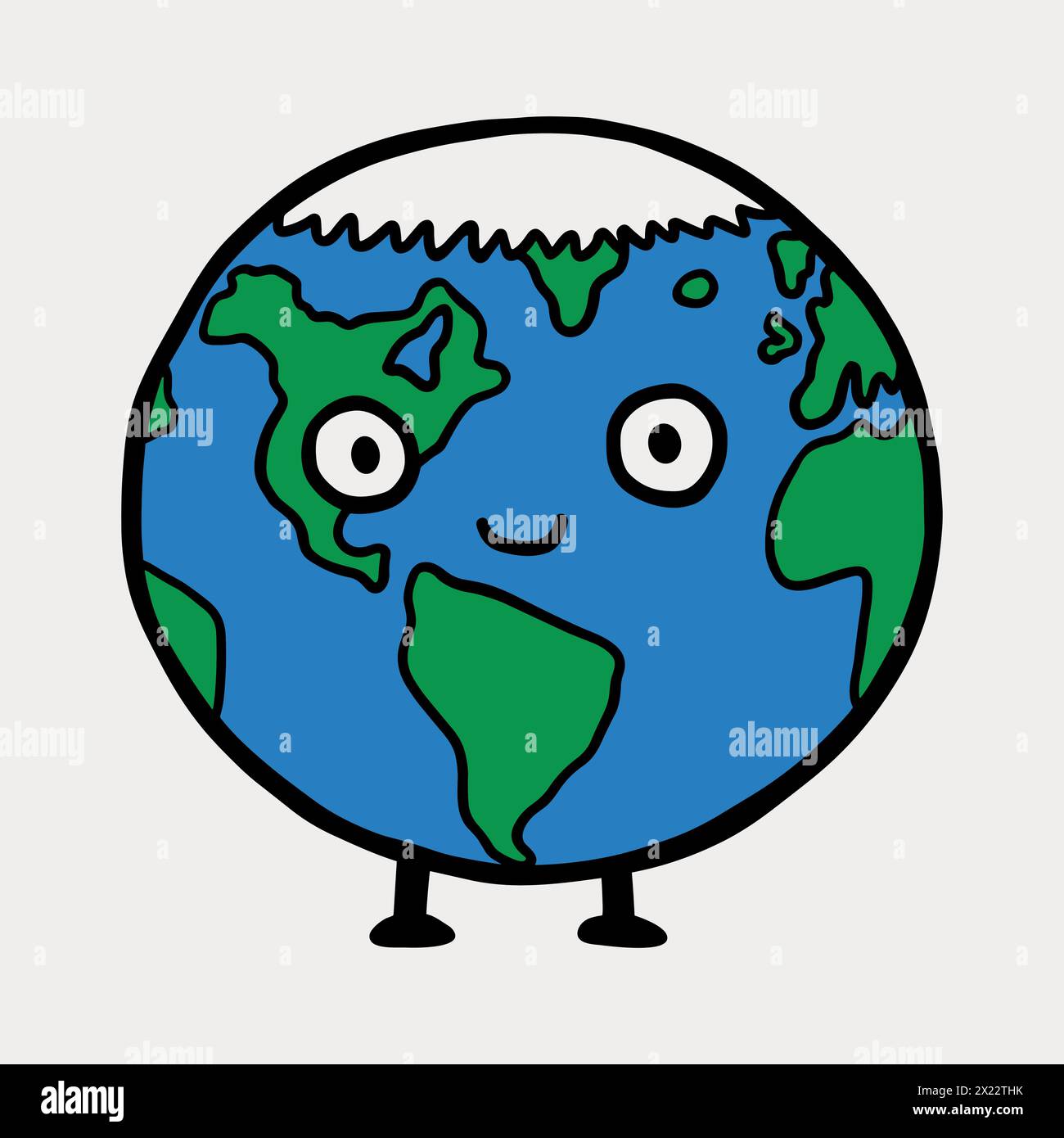 Carino pianeta Terra dei cartoni animati. Personaggio del globo con gambe. Polo Nord, fusione dei ghiacciai, concetto di riscaldamento globale. Illustrazione vettoriale. Illustrazione Vettoriale