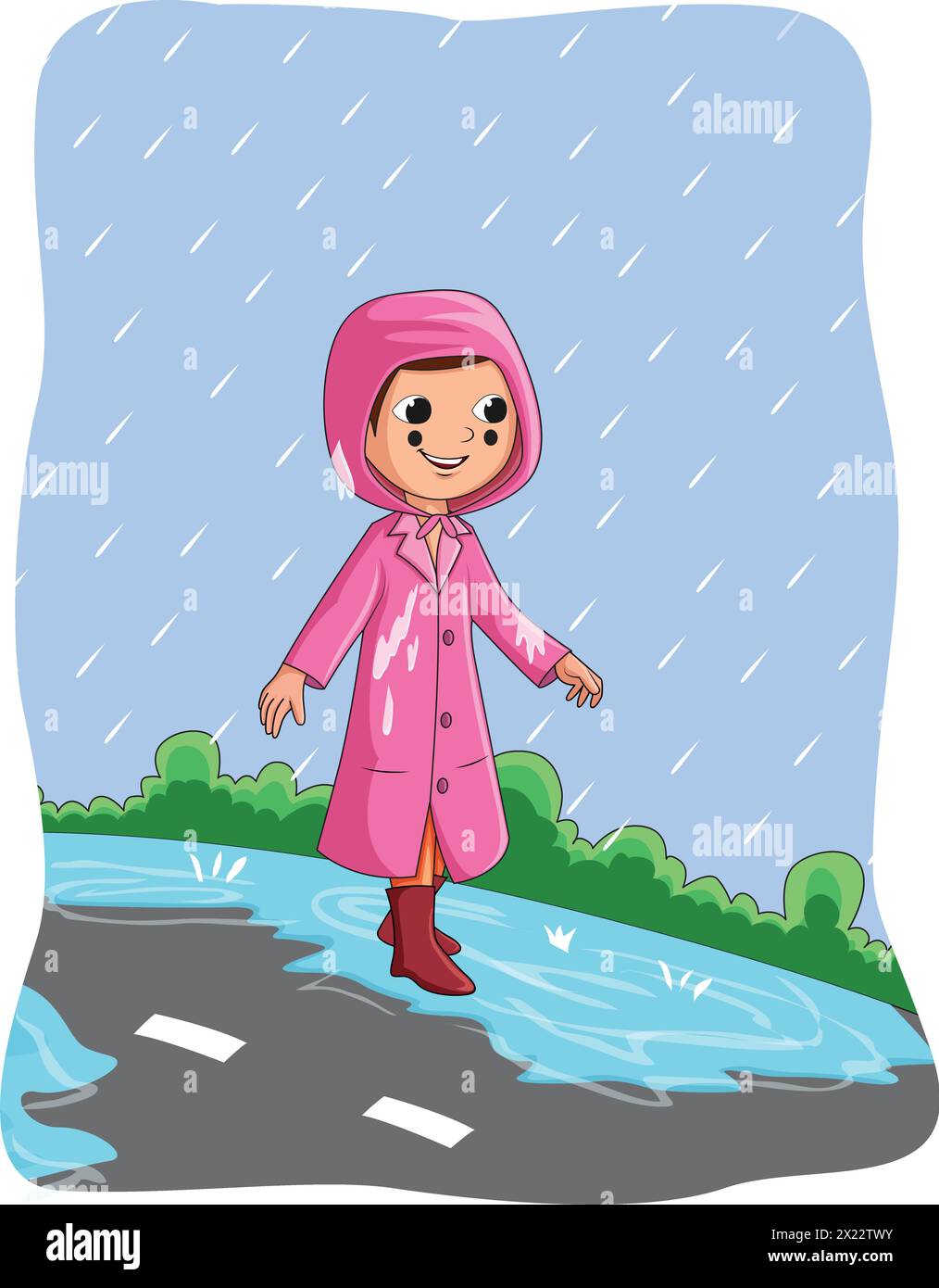 Una ragazza carina che indossa l'impermeabile e cammina per la strada nell'illustrazione vettoriale della pioggia Illustrazione Vettoriale