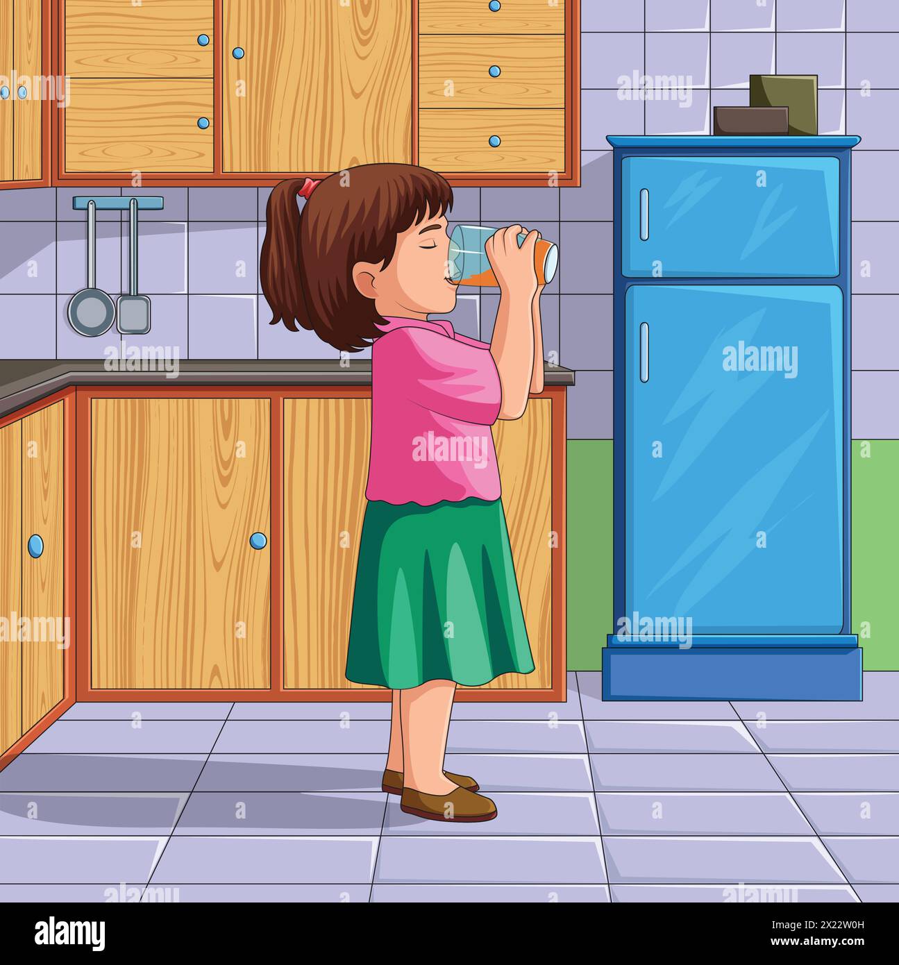Una bambina carina che beve acqua nel bicchiere in piedi nella figura vettoriale della cucina Illustrazione Vettoriale