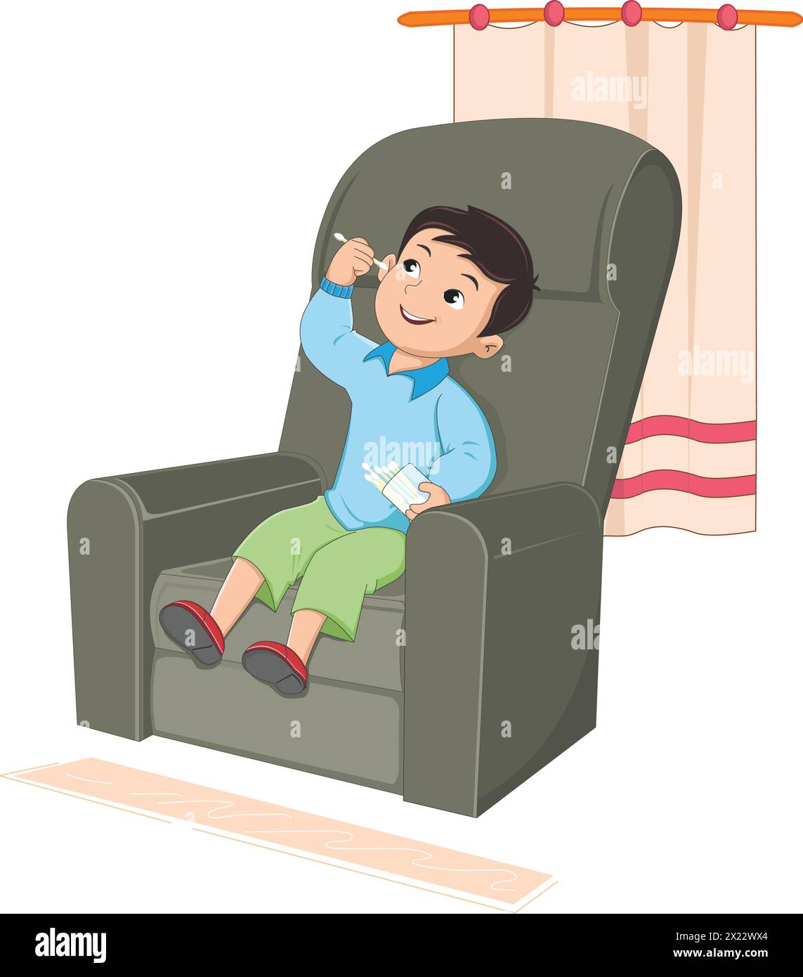 Un bambino cattivo vettoriale seduto sul divano e mettendo una matita nelle orecchie illustrazione vettoriale Illustrazione Vettoriale