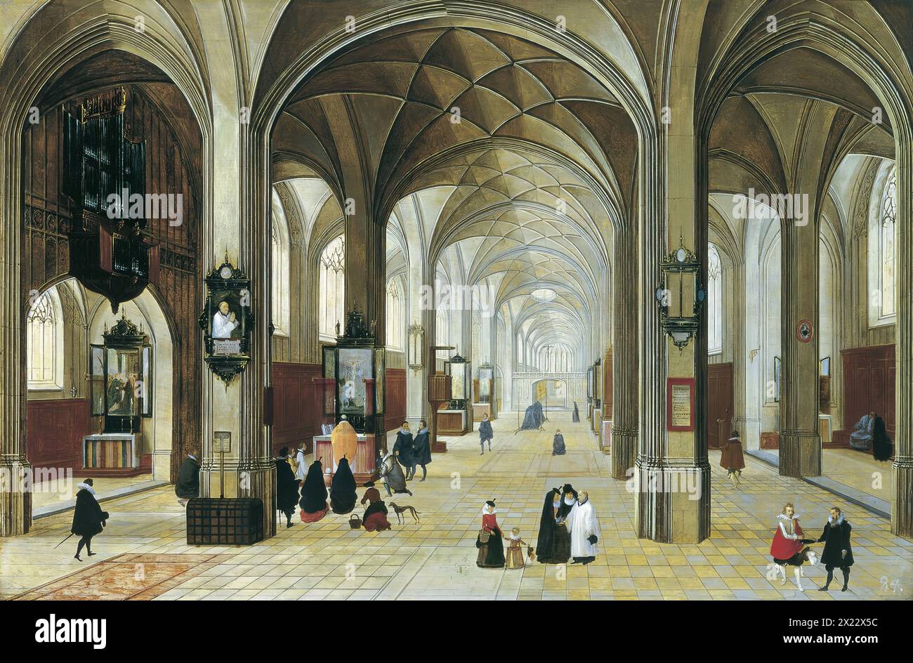 Interno di una chiesa gotica, 1615. Una chiesa con navata principale e due navate laterali, separate da colonne solide che sostengono la volta. Una luce bianca filtra attraverso le finestre laterali, che sono di vetro semplice, inondando gli interni e sottolineando le dimensioni e la profondità dell'edificio. Neeffs raffigura un interno pianeggiante e luminoso con piccole cappelle laterali situate sia lungo le pareti laterali che attaccate alle colonne della navata. In una di queste cappelle laterali viene celebrata una messa da un sacerdote con le spalle allo spettatore e alcuni adoratori inginocchiati. Questo potrebbe essere un funerale come me Foto Stock