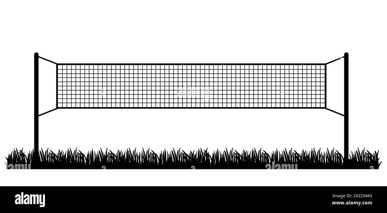Rete da badminton vuota al coperto per campo da badminton, navetta e racchetta. Gioco sportivo con racchetta. Giocare in estate o in spiaggia. Sport di squadra al coperto. Linea Foto Stock