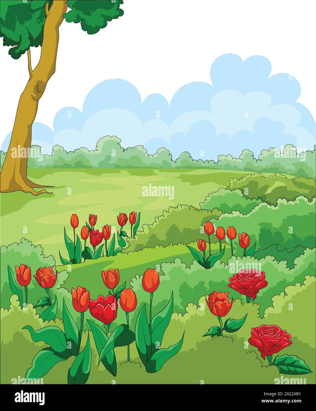 Illustrazione vettoriale che mostra splendidi fiori e alberi Illustrazione Vettoriale