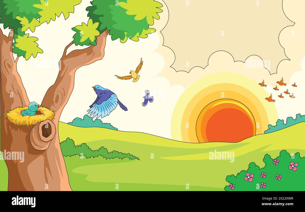 Illustrazione vettoriale che mostra uccelli volanti, sole e alberi Illustrazione Vettoriale
