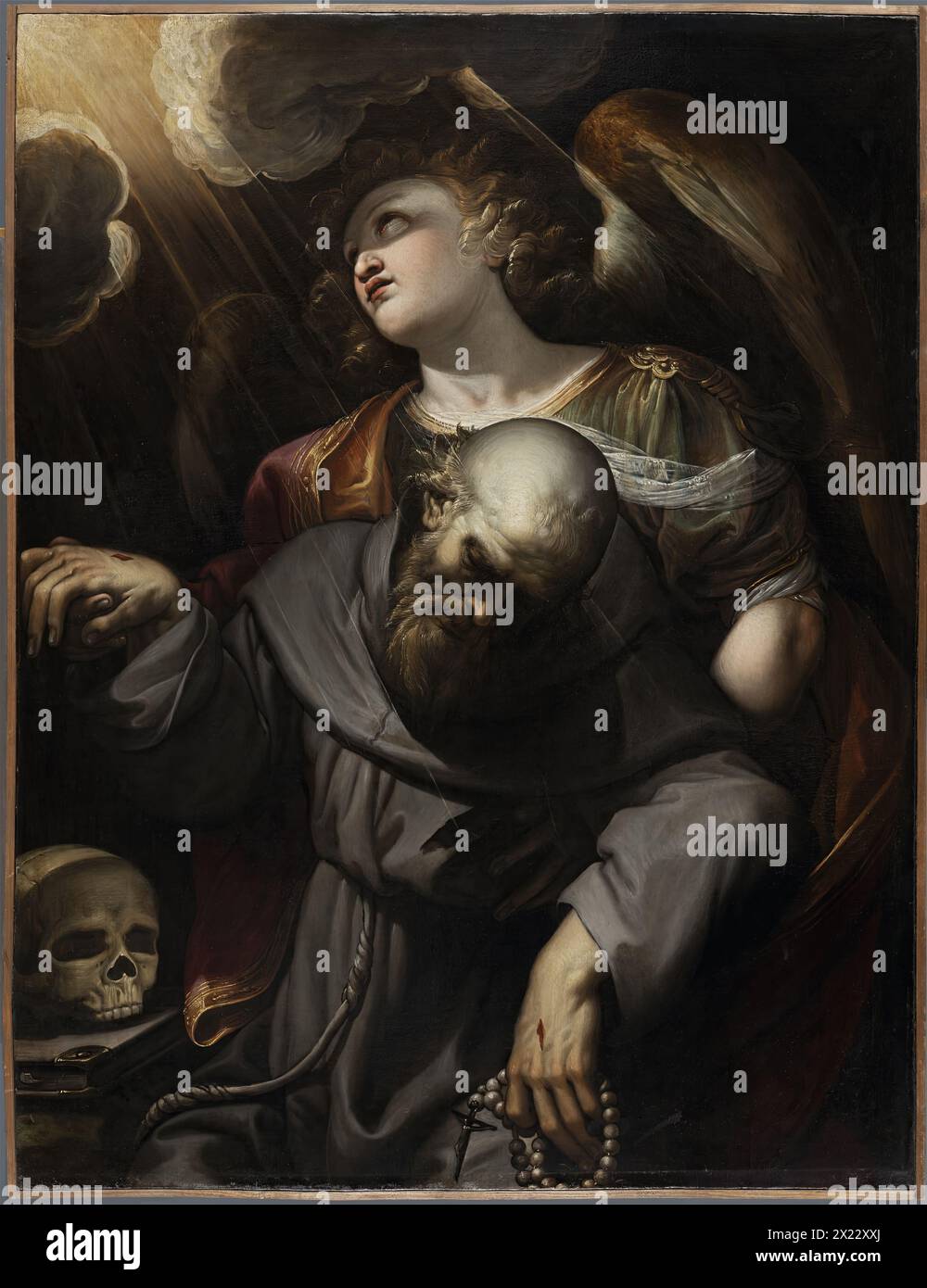 San Francesco con le Stigmate, trattenuto da un Angelo, 1610. Foto Stock