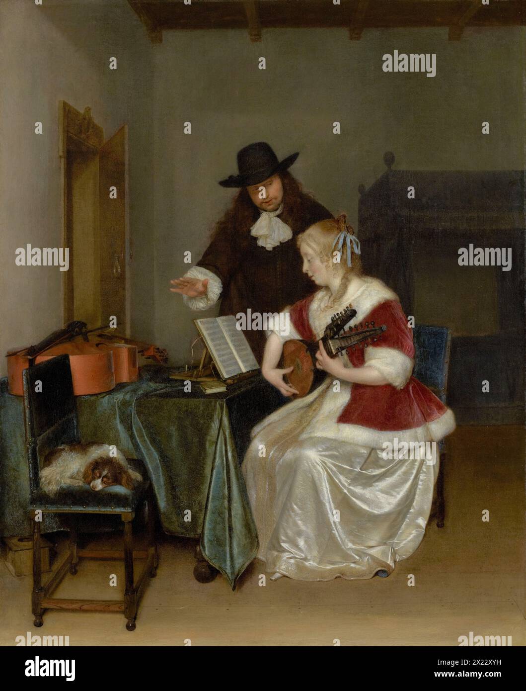 Pittura della lezione di musica del pittore olandese Gerard ter Borch olio su tela capolavoro d'arte Foto Stock