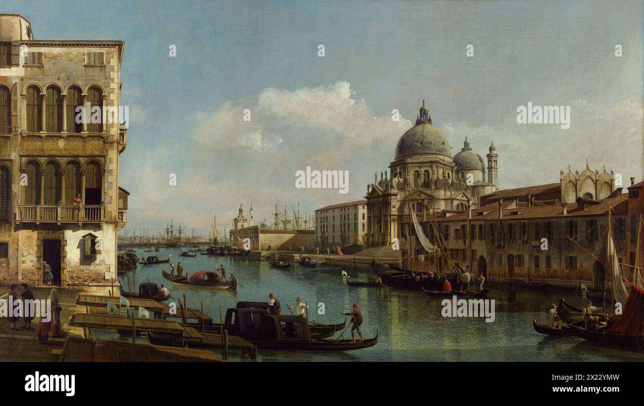 Dipinto di Vista del Canal grande Santa Maria della salute e della Dogana da campo Santa Maria Zobenigo del pittore italiano Bernardo Bellotto capolavoro d'arte, scena vivace della vita veneziana intorno al 1743 quadro del XVIII secolo Foto Stock