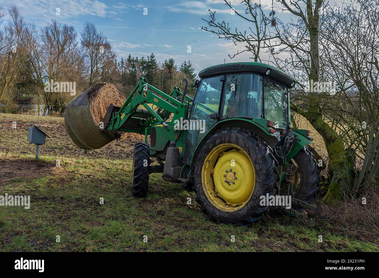 Un trattore porta una balla di fieno al pascolo, Meclemburgo-Pomerania occidentale, Germania Foto Stock