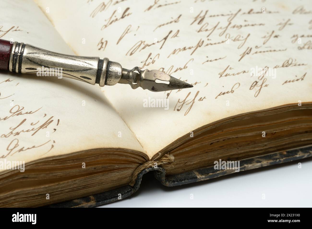 Penna sul diario con vecchia scrittura Foto Stock
