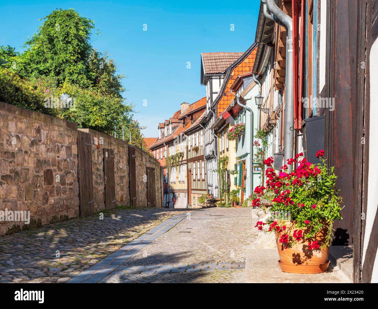 Vicolo stretto con case a graticcio e lastricati sullo Schlossberg, nella storica città vecchia, patrimonio dell'umanità dell'UNESCO, Quedlinburg Foto Stock