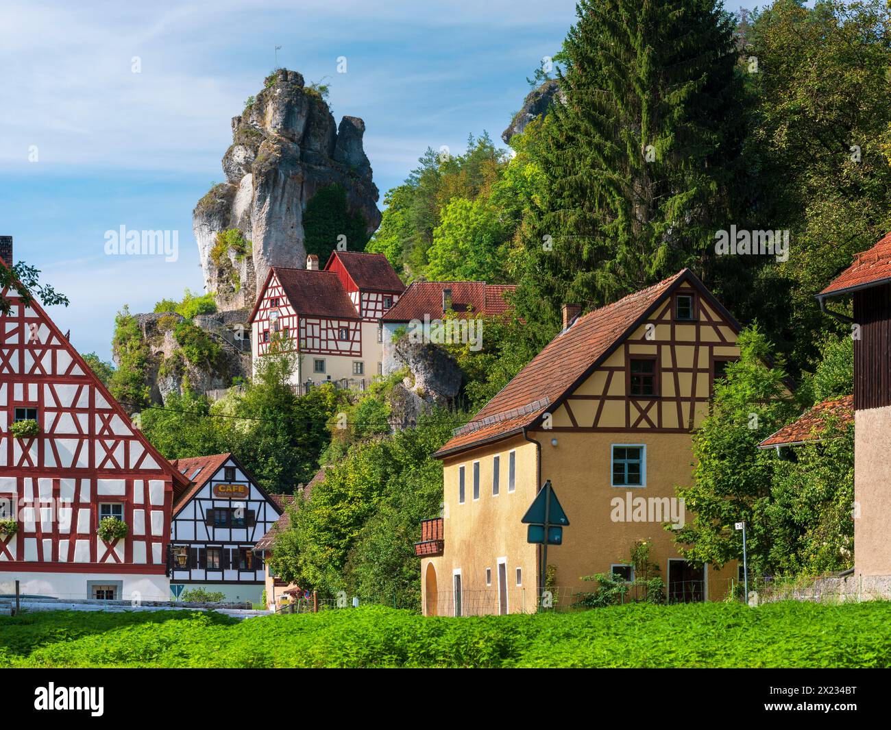 Formazione rocciosa di Zechenstein e case a graticcio, castello di roccia e Museo della Svizzera Franconica, ex Judenhof, Tuechersfeld, Pottenstein Foto Stock