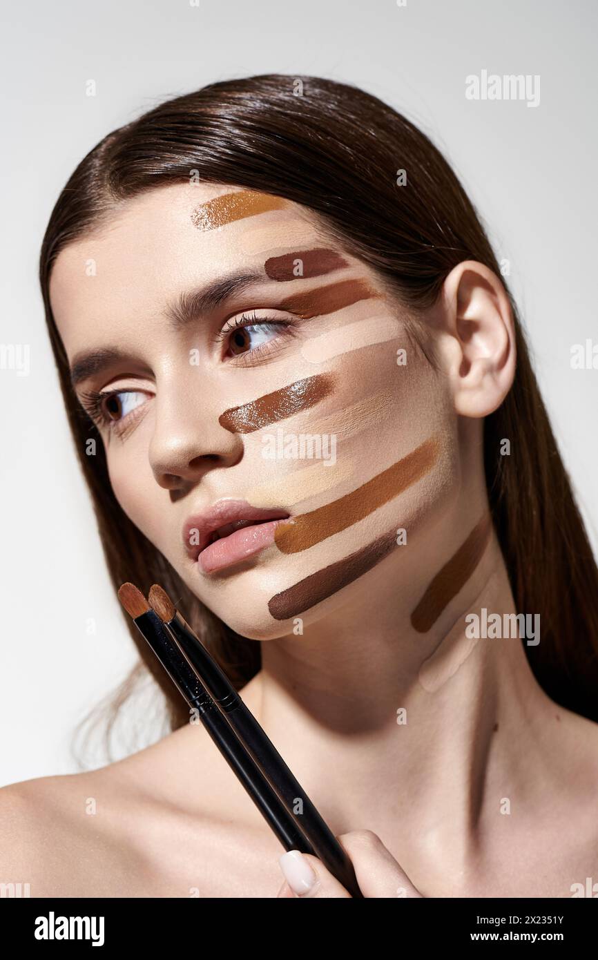Una donna tiene delicatamente due spazzole per il trucco davanti al viso, mostrando la sua routine di bellezza. Foto Stock