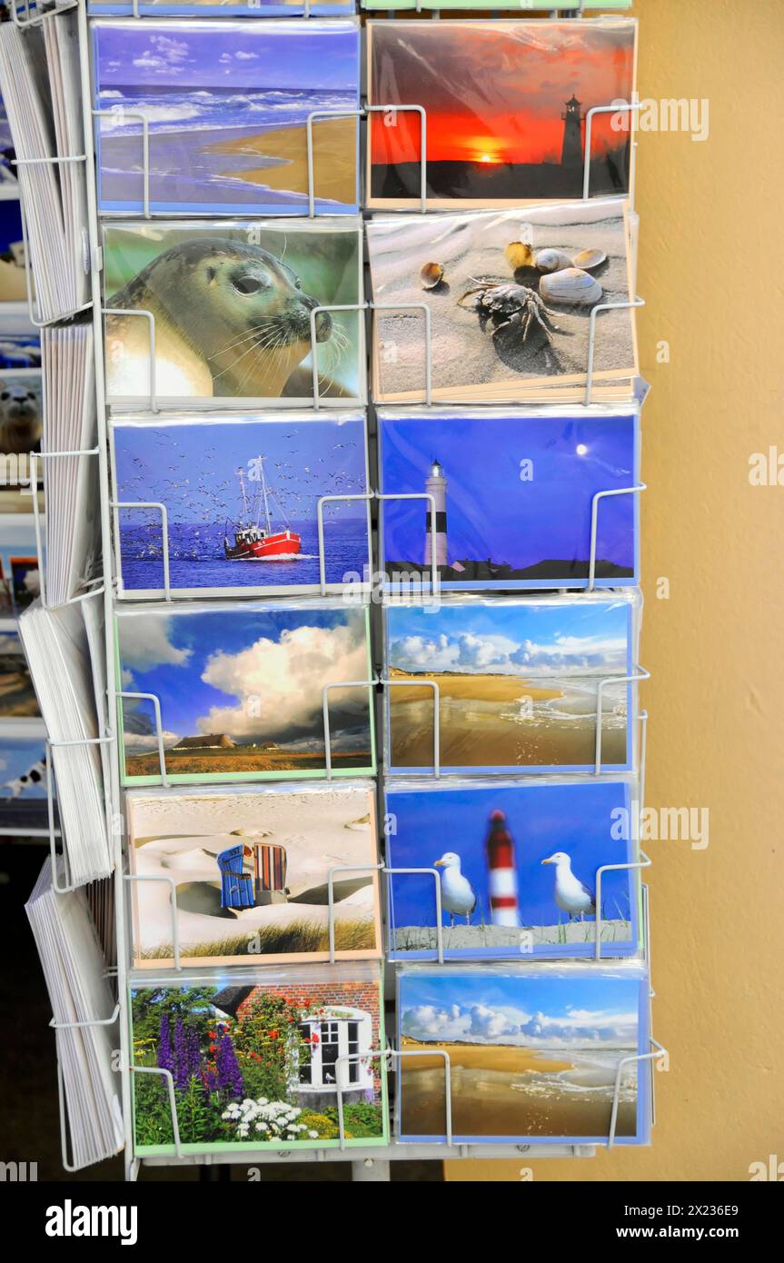 Sylt, North Frisian Island, Schleswig-Holstein, Una mostra con varie cartoline colorate con motivi di Sylt, Sylt, North Frisian Island Foto Stock