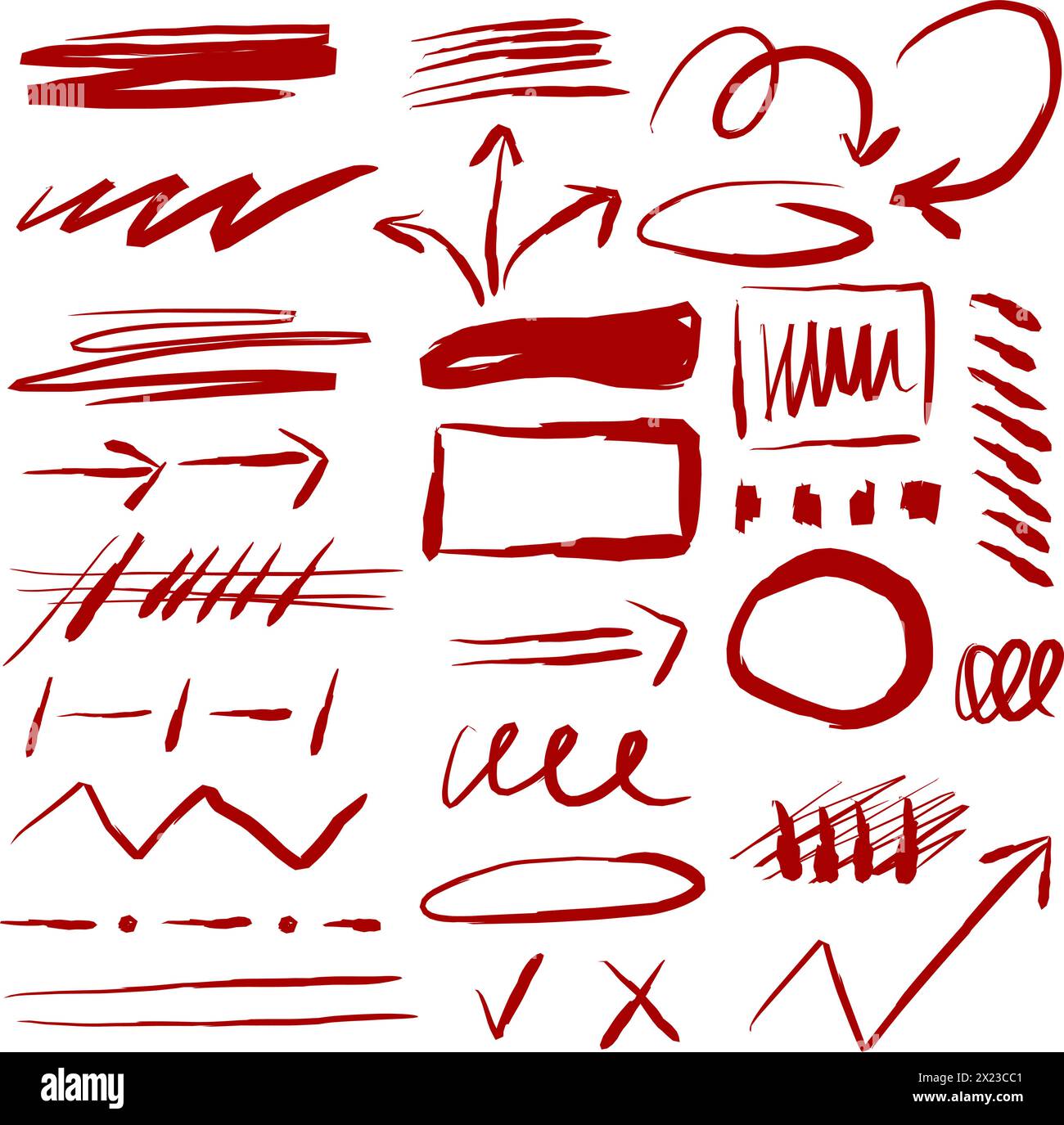 Un gruppo di frecce, cornici e linee disegnate con il pennello. Simboli rossi disegnati a mano per i diagrammi disegnati a mano. Disegno vettoriale con marker. Molte frecce curve. Illustrazione Vettoriale