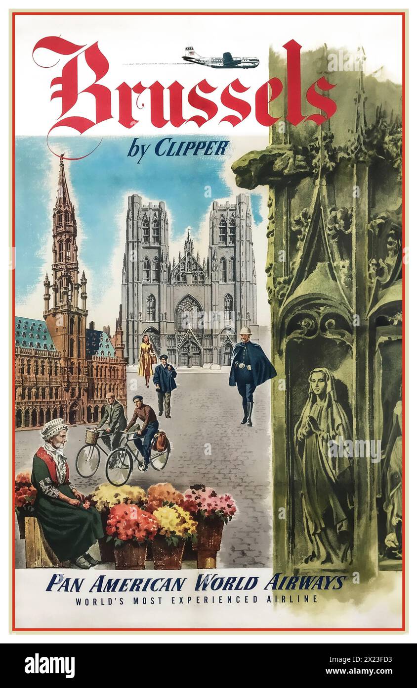 Poster di viaggio d'epoca della PAN AMERICAN WORLD AIRWAYS '1950 'Brussels by Clipper' poster pubblicitario di viaggio della Pan American World Airways 1951 Vintage American Airline Foto Stock