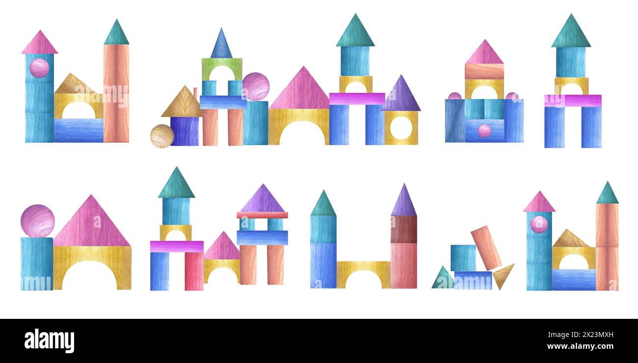 Set di castelli in legno, torri fatte di mattoni da costruzione. Puzzle geometrici Tangram. Blocchi multicolore per bambini. Illustrazione acquerello Foto Stock