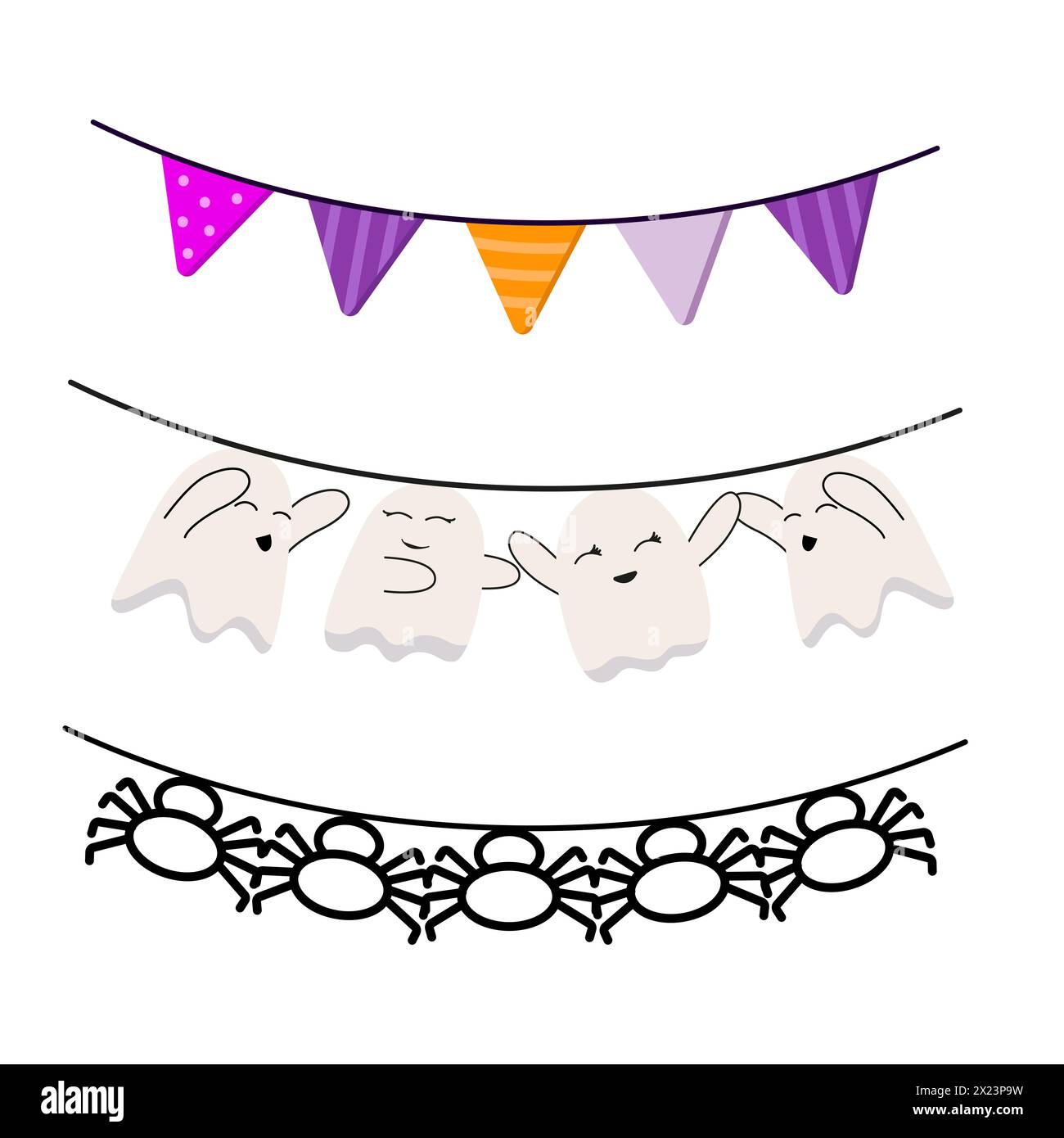 Ghirlanda con bandiere diverse per Halloween o il giorno del Ringraziamento. Immagine dei pennarelli impostati su sfondo bianco isolato. Fantasma, ragno, triangolo. Foto Stock