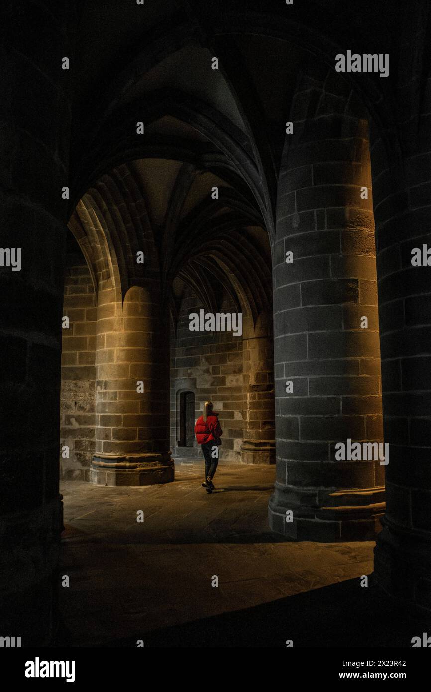 Cripta dei Gros Piliers, Mont Saint-Michel, Francia Foto Stock