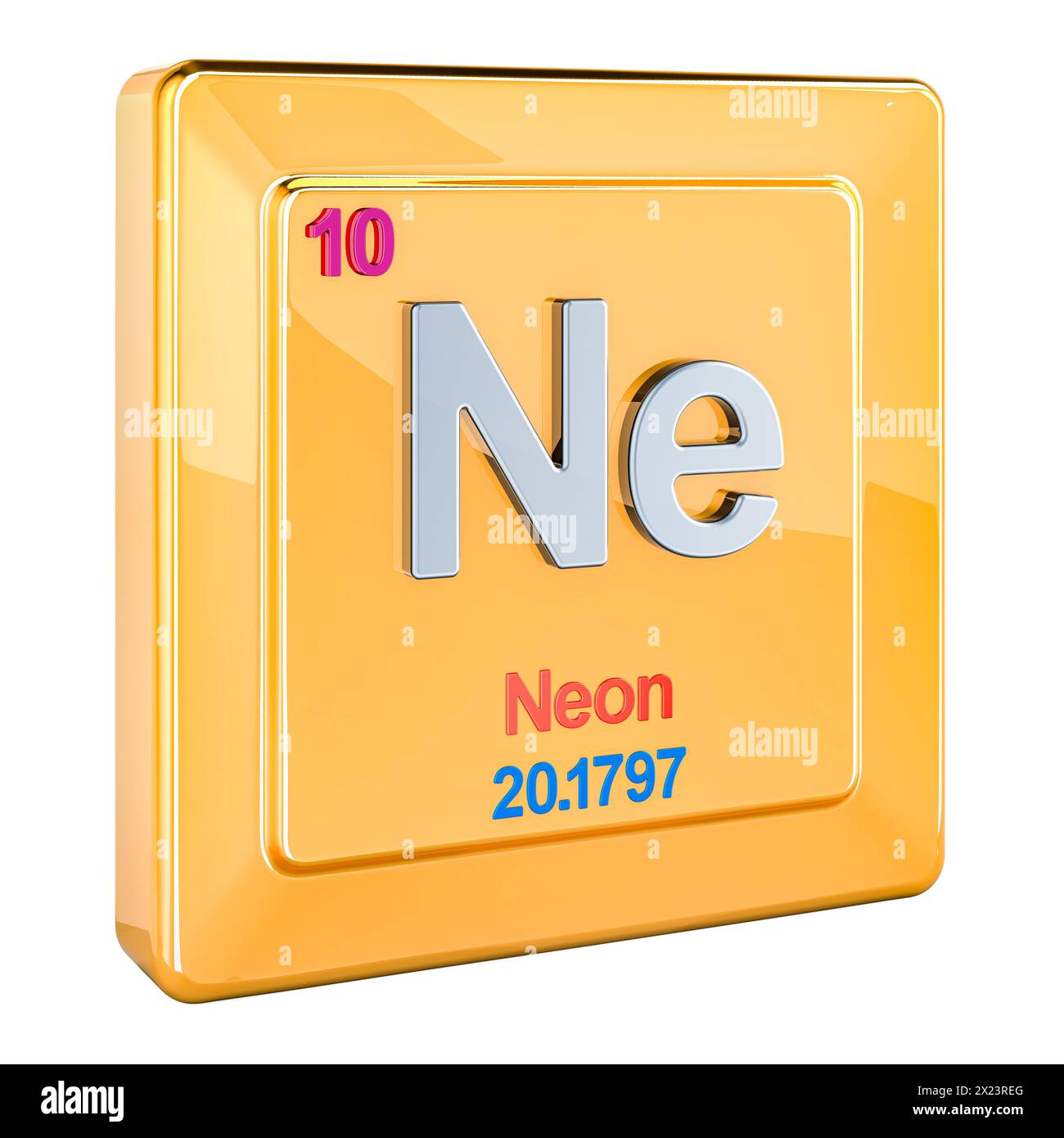 Neon ne, segno dell'elemento chimico con numero 10 nella tavola periodica. Rendering 3D isolato su sfondo bianco Foto Stock