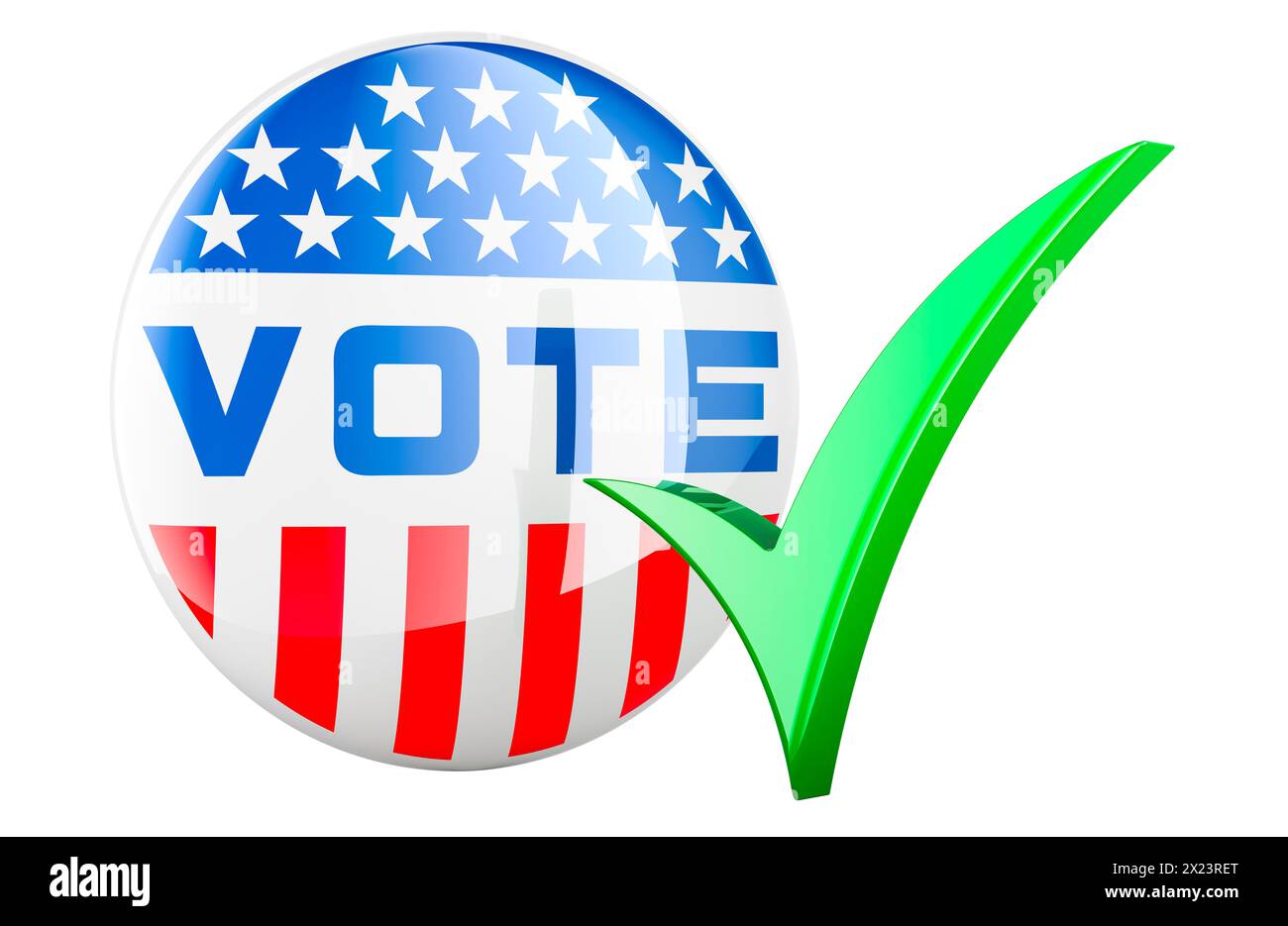Il distintivo di voto degli Stati Uniti con segno di spunta, elezione negli Stati Uniti, concetto. Rendering 3D isolato su sfondo bianco Foto Stock